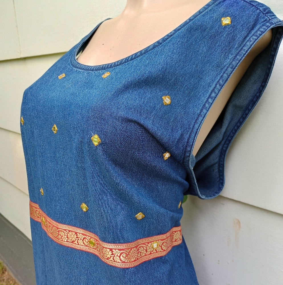 Blue Denim Sleeveless Dress with Gold Embellishments